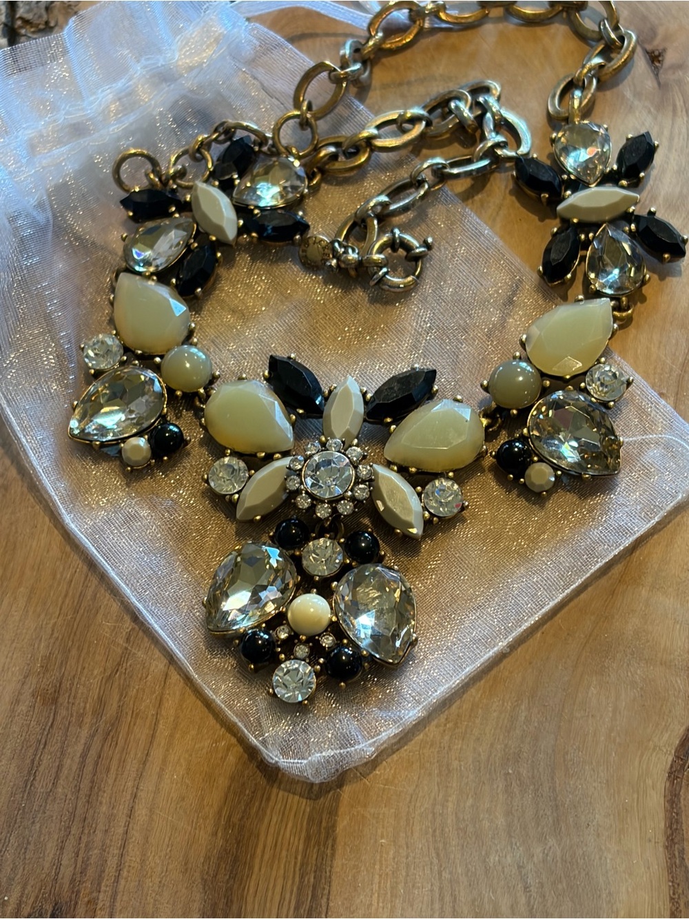 J Crew Crystal Floral Statement Necklace in Black & Cream